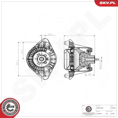 Kuva ESEN SKV 75SKV066 Moottorin Kumityyny Eteen, oikea Hydrolaakeri Alumiini, Kumi 183mm 117mm MERCEDES BENZ: C sarja T modell, E modell