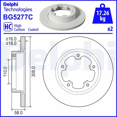 Kuva DELPHI Jarrulevy FORD: Transit Mk7 Van, Bussi 308mm 18mm 5 täysi BG5277C Jarrulevyt