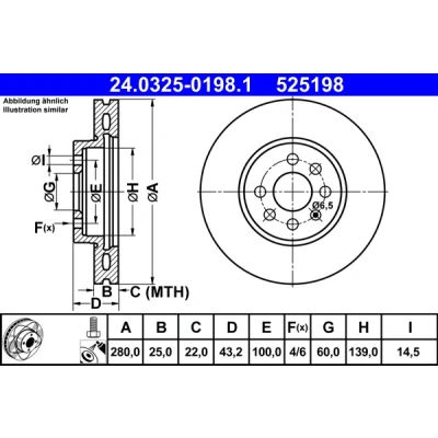 Kuva ATE PowerDisc 24.0325 0198.1 Jarrulevyt 280,0 25,0 4 100,0 Tuuletettu pinnoitettu Seostettu / hiilletty Ruuveilla OPEL: Astra H Hatchback