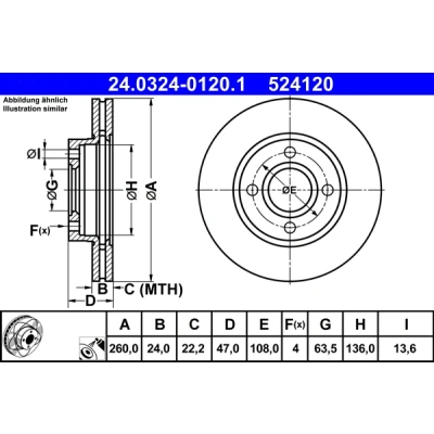 Kuva ATE PowerDisc 24.0324 0120.1 Jarrulevyt 260,0 24,0 4 108,0 Tuuletettu pinnoitettu FORD: MONDEO 1, 2 Kombi, SCORPIO