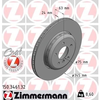 Kuva ZIMMERMANN FORMULA F COAT Z 150.3461.32 Jarrulevyt 345 24 6/5 5 120 Tuuletettu, ulko, kaksiosainen jarrulevy pinnoitettu hiiliteräs BMW: Touring