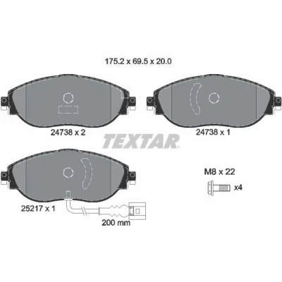 Kuva TEXTAR 2473801 Jarrupalat kulumisvaroitinkoskettimella Jarrusatulan ruuveilla VOLKSWAGEN: Passat B8 Variant, Golf 7 7, SEAT: Alhambra II