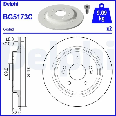 Kuva DELPHI Jarrulevy HYUNDAI: Kona SUV 284mm 10mm 5 täysi pinnoitettu BG5173C 58411J9500 Jarrulevyt