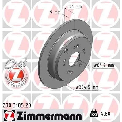 Kuva ZIMMERMANN COAT Z 280.3185.20 Jarrulevyt 304 9 10/5 5 114 täysi pinnoitettu HONDA: CR V 2