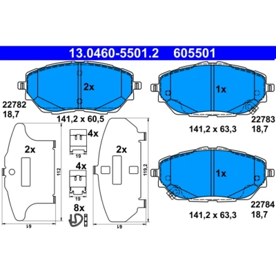 Kuva ATE 13.0460 5501.2 Jarrupalat akustisella kulumavaroittimella Huudonvaimennuspellillä Tarvikkeilla TOYOTA: Corolla XII Farmari, C HR