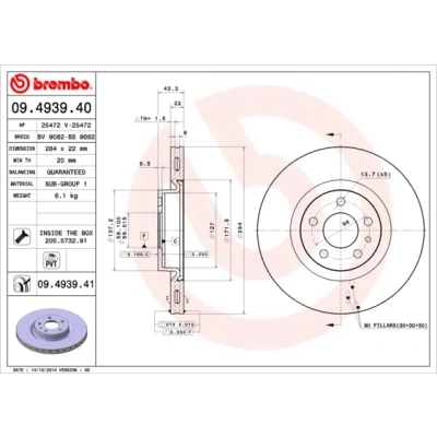 Kuva BREMBO 09.4939.41 Jarrulevyt 284 22 5 tuuletettu sisältä pinnoitettu Ruuveilla FIAT: 500L