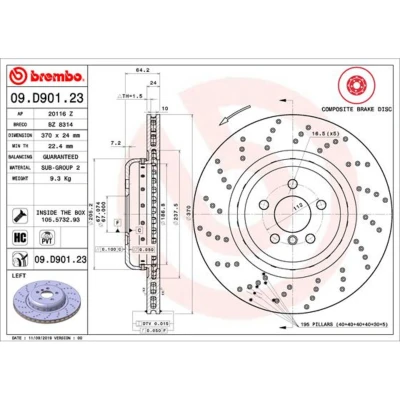 Kuva BREMBO 09.D901.23 Jarrulevyt 370 24 5 rei&#039;itetty/tuuletettu sisältä, kaksiosainen jarrulevy pinnoitettu hiiliteräs Ruuveilla BMW: Sedan, Touring