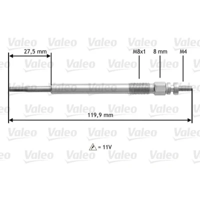 Kuva VALEO 345123 Hehkutulppa 11V M8X1 VOLVO: V50, V70 3, S80 II, FORD: FIESTA 5 Van, Focus 2 Kombi, PEUGEOT: 206 SW, 407 SW