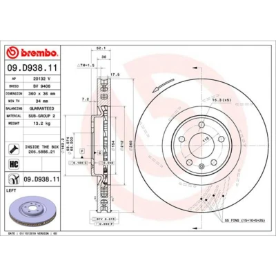 Kuva BREMBO 09.D938.11 Jarrulevyt 360 36 5 tuuletettu sisältä, lovella pinnoitettu hiiliteräs Ruuveilla PORSCHE: Macan