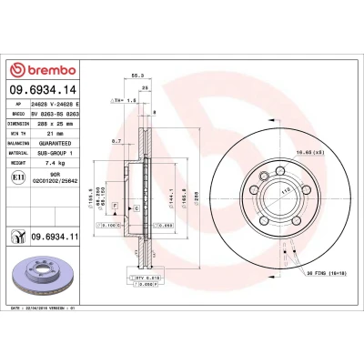 Kuva BREMBO COATED DISC LINE 09.6934.11 Jarrulevyt 288 25 5 tuuletettu sisältä pinnoitettu FORD: Galaxy Mk1 MPV, SEAT: Alhambra I, VOLKSWAGEN: Sharan I