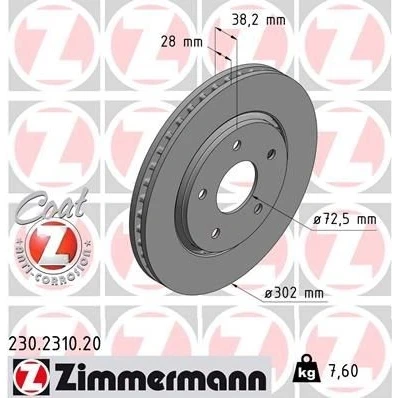 Kuva ZIMMERMANN COAT Z 230.2310.20 Jarrulevyt 302 28 5/5 5 127 Tuuletettu, ulko pinnoitettu CHRYSLER: VOYAGER 4, GRAND 5OYAGER 5, DODGE: Journey MPV
