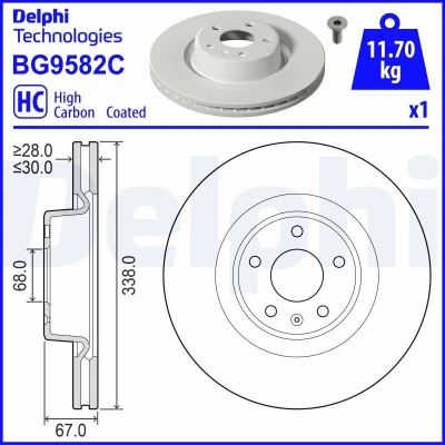 Kuva DELPHI Jarrulevy 338mm 30mm 5 Tuuletettu pinnoitettu hiiliteräs BG9582C 4K0615301E Jarrulevyt