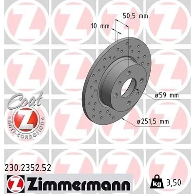 Kuva ZIMMERMANN SPORT COAT Z 230.2352.52 Jarrulevyt 251 10 6/4 4 98 täysi, reijitetty pinnoitettu FIAT: BRAVO 2, Stilo Multi Wagon, Linea, LANCIA: DELTA 3