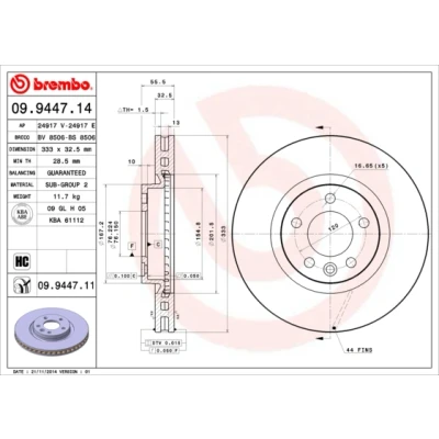 Kuva BREMBO COATED DISC LINE 09.9447.11 Jarrulevyt 333 32,5 5 tuuletettu sisältä pinnoitettu hiiliteräs VOLKSWAGEN: Transporter 5, Multivan (7HM