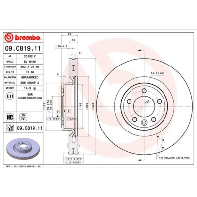 Kuva BREMBO 09.C819.11 Jarrulevyt 363 33 5 tuuletettu sisältä pinnoitettu hiiliteräs LAND ROVER: Range Rover Sport, Discovery 5, 4