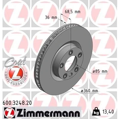 Kuva ZIMMERMANN COAT Z 600.3248.20 Jarrulevyt 360 36 6/5 5 130 tuuletettu sisältä pinnoitettu hiiliteräs VOLKSWAGEN: Touareg II, PORSCHE: Cayenne