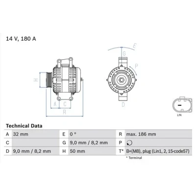 Kuva BOSCH 0 986 084 590 Laturi 14V 180A MERCEDES BENZ: Sprinter 3.5 T Van, Bussi, Vito Bussi