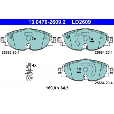 Kuva ATE 13.0470 2609.2 Jarrupalat Kulumisenilmaisemelle, Ilman kulumisenilmaisinta Jarrusatulan ruuveilla VOLKSWAGEN: CADDY 4 Kombi, Arteon