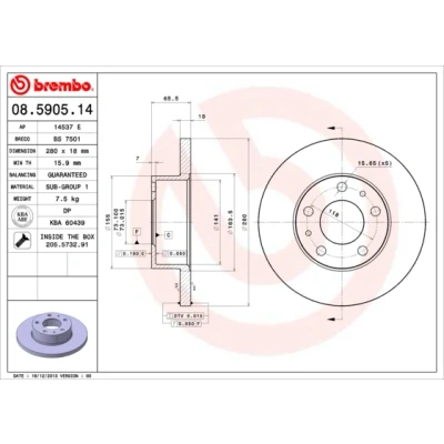 Kuva BREMBO 08.5905.14 Jarrulevyt 280 18 5 täysi Ruuveilla CITROËN: Jumper I Van, Bussi, Flatbed Kuorma auto/Alusta