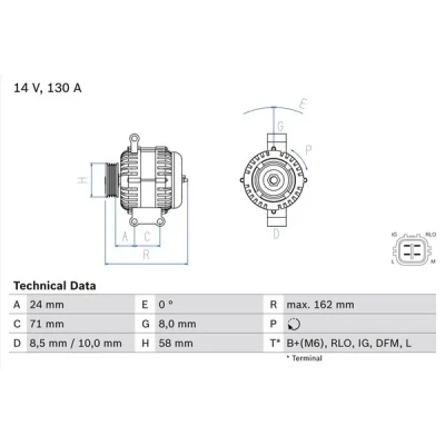 Kuva BOSCH 0 986 082 070 Laturi 14V 130A TOYOTA: Avensis III Farmari, Corolla Verso, RAV4 SUV, LEXUS: IS 2
