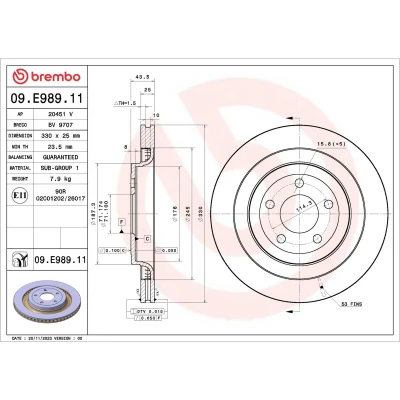 Kuva BREMBO Jarrulevy 330mm 25mm 5 tuuletettu sisältä pinnoitettu 09.E989.11 Jarrulevyt