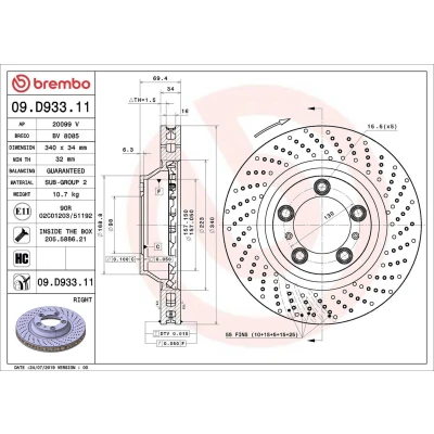 Kuva BREMBO 09.D933.11 Jarrulevyt 340 34 5 rei&#039;itetty/tuuletettu sisältä pinnoitettu hiiliteräs Ruuveilla