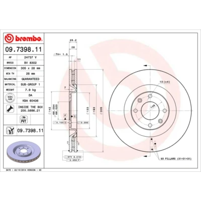 Kuva BREMBO COATED DISC LINE 09.7398.11 Jarrulevyt 305 28 4 tuuletettu sisältä pinnoitettu Ruuveilla