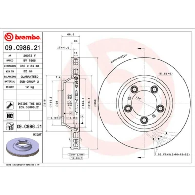 Kuva BREMBO 09.C986.21 Jarrulevyt 350 34 5 tuuletettu sisältä pinnoitettu hiiliteräs Ruuveilla PORSCHE: Panamera Sport Turismo
