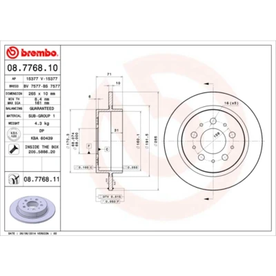 Kuva BREMBO 08.7768.10 Jarrulevyt 265 10 5 täysi Ruuveilla VOLVO: 940 I Farmari, II 960 Farmari