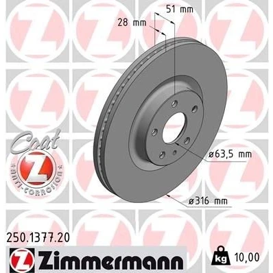 Kuva ZIMMERMANN COAT Z 250.1377.20 Jarrulevyt 316 28 6/5 5 108 tuuletettu sisältä pinnoitettu FORD: Mondeo Kombi