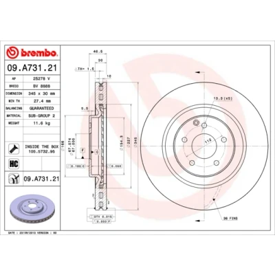 Kuva BREMBO COATED DISC LINE 09.A731.21 Jarrulevyt 345 30 5 tuuletettu sisältä pinnoitettu hiiliteräs Ruuveilla MERCEDES BENZ: C sarja T modell