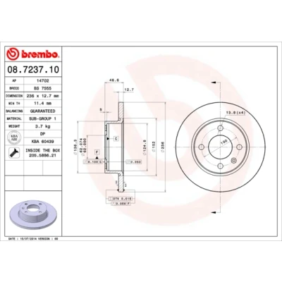 Kuva BREMBO 08.7237.10 Jarrulevyt 236 12,7 4 täysi Ruuveilla