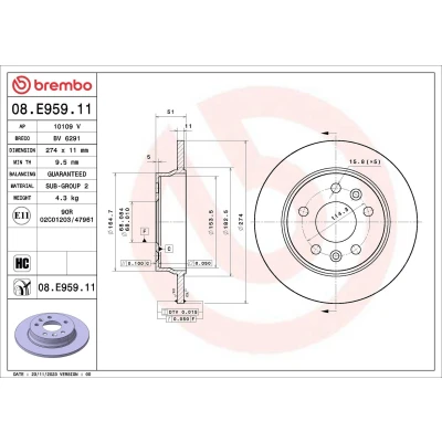 Kuva BREMBO Jarrulevy 274mm 11mm 5 täysi pinnoitettu hiiliteräs 08.E959.11 440A09225R Jarrulevyt