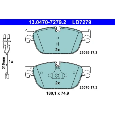 Kuva ATE Ceramic 13.0470 7279.2 Jarrupalat Sis. kulumisenilmaisimen PEUGEOT: 407 SW, 508 I 308 Hatchback, CITROËN: C5 III Farmari, 3, C6 Sedan