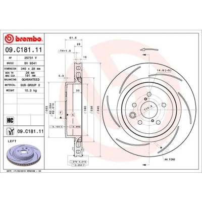 Kuva BREMBO 09.C181.11 Jarrulevyt 345 28 5 tuuletettu sisältä, lovella pinnoitettu hiiliteräs LEXUS: RC, GS IV