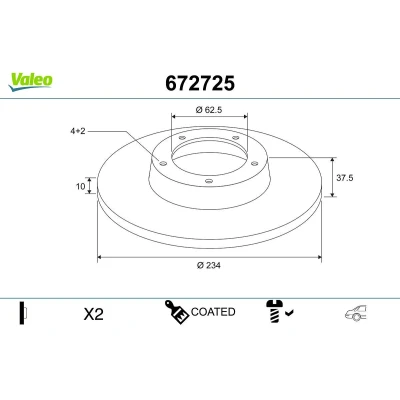 Kuva VALEO Jarrulevy KIA: Picanto III, II, I Taka akseli 234mm 10mm 4 aukko täysi pinnoitettu 672725 584110X500,5841107300,5841107500