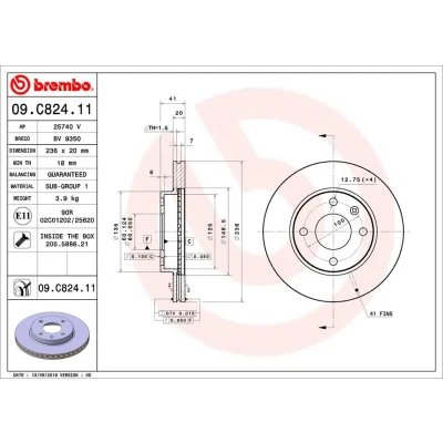 Kuva BREMBO 09.C824.11 Jarrulevyt 236 20 4 tuuletettu sisältä pinnoitettu Ruuveilla OPEL: Karl