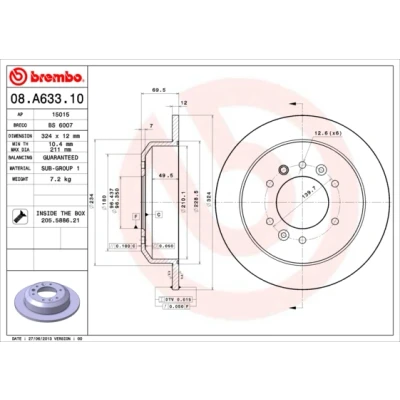 Kuva BREMBO 08.A633.10 Jarrulevyt 324 12 6 täysi Ruuveilla KIA: CARNIVAL / GRAND 3