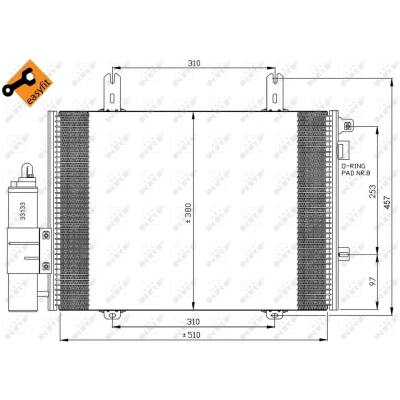Kuva NRF EASY FIT 35353 Ilmastoinnin Lauhdutin Vedenerottimella, Tiivisterenkaalla 11,7 8,6 Alumiini 510 RENAULT: CLIO 2