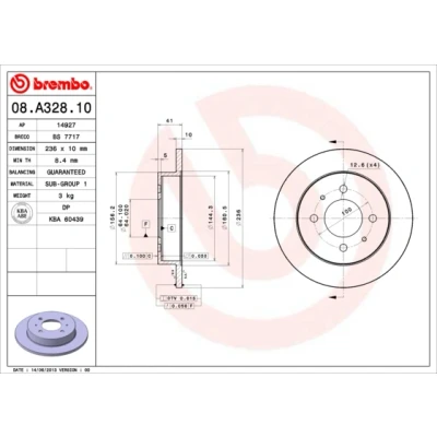 Kuva BREMBO 08.A328.10 Jarrulevyt 236 10 4 täysi MITSUBISHI: Carisma Sedan, Lancer 6 Limousine, 5 Limousine
