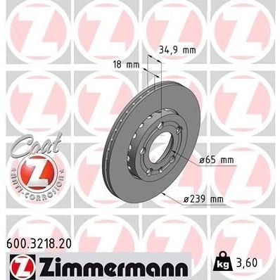 Kuva ZIMMERMANN COAT Z 600.3218.20 Jarrulevyt 239 18 6/5 5 100 Tuuletettu, ulko pinnoitettu hiiliteräs SKODA: Fabia 2, I Hatchback, Sedan