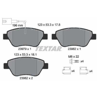 Kuva TEXTAR 2397901 Jarrupalat kulumisvaroitinkoskettimella Jarrusatulan ruuveilla Tarvikkeilla FIAT: 500 Hatchback, Grande Punto Hatchback