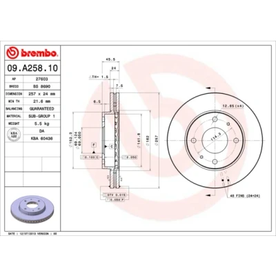 Kuva BREMBO 09.A258.10 Jarrulevyt 257 24 4 tuuletettu sisältä