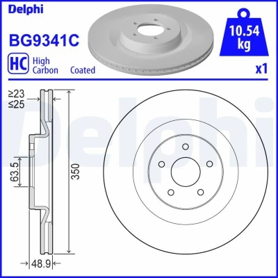 Kuva DELPHI BG9341C Jarrulevyt 350 25 5 Tuuletettu pinnoitettu hiiliteräs ilman pyöränlaakeria, ABS sensorirengasta FORD: FOCUS 3