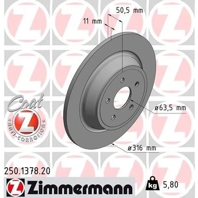 Kuva ZIMMERMANN COAT Z 250.1378.20 Jarrulevyt 316 11 5/5 5 108 täysi pinnoitettu FORD: Mondeo Kombi, KUGA 2
