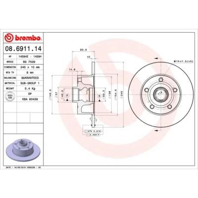 Kuva BREMBO 08.6911.14 Jarrulevyt 245 10 5 täysi ilman pyöränlaakerisarjaa, ABS sensorirengasta AUDI: A4 B5 Sedan, Avant