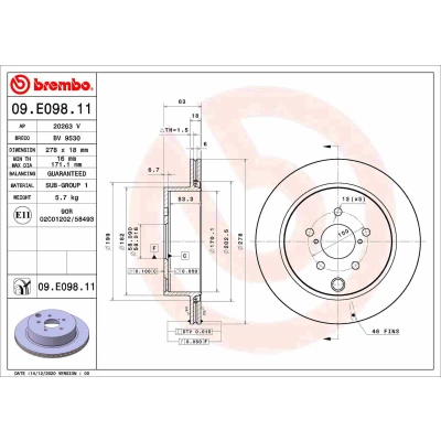 Kuva BREMBO 09.E098.11 Jarrulevyt 278 18 5 tuuletettu sisältä pinnoitettu SUBARU: Forester IV