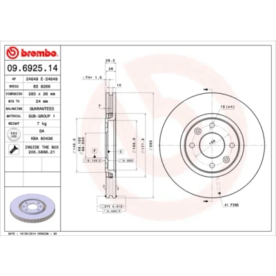 Kuva BREMBO 09.6925.14 Jarrulevyt 283 26 4 tuuletettu sisältä Ruuveilla