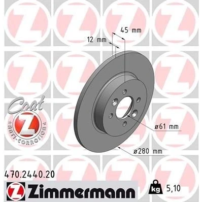 Kuva ZIMMERMANN COAT Z 470.2440.20 Jarrulevyt 280 12 6/4 4 100 täysi pinnoitettu RENAULT: Kangoo I Express