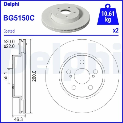 Kuva DELPHI Jarrulevy 260mm 22mm 5 Tuuletettu pinnoitettu BG5150C 43512K0030 Jarrulevyt